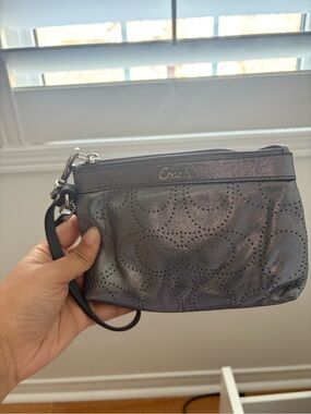 Coach Metallic Charcoal Perforated Wristlet